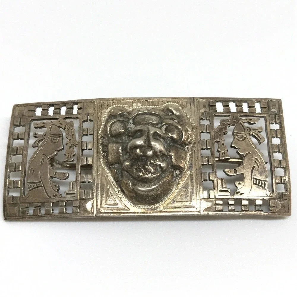 Vintage A.L. Guate Signed 900 Silver Unique Detailed Bar Shaped Brooch Pin